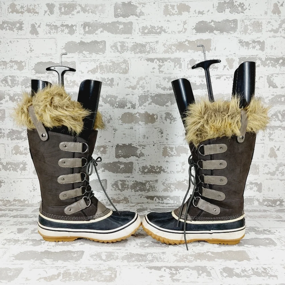 JBU Edith Gray Black Vegan Leather Faux Fur Lace Up Snow Winter Boots T544